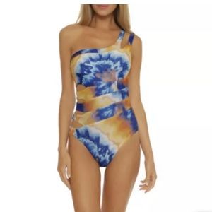 BECCA one shoulder rainbow tie dye one piece